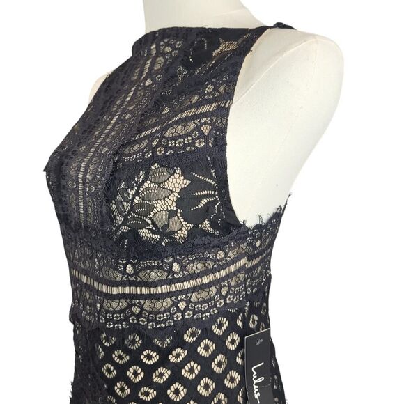 NEW Lulus Small Black Lace Dress Square Neck Beige Lining Back Zip Bodycon Party - Picture 8 of 16